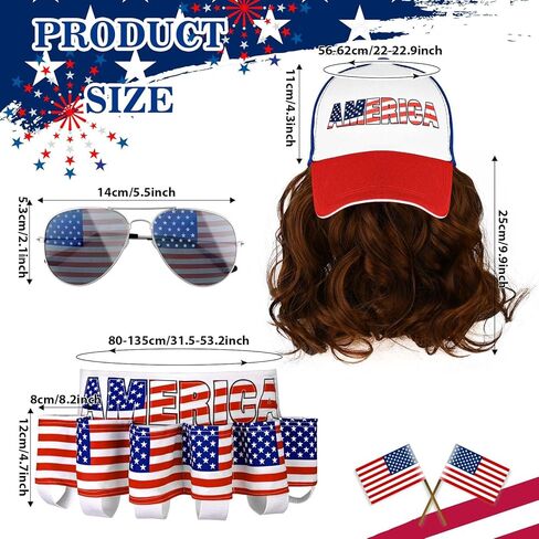 3 قطع من إكسسوارات الرابع من يوليو، حامل حزام وطني وقبعة البوري، شعر مستعار العلم الأمريكي، نظارات شمسية بيضاء لحفلات القمامة، ملابس كلاسيكية لعيد الاستقلال في الثمانينات in Kuwait