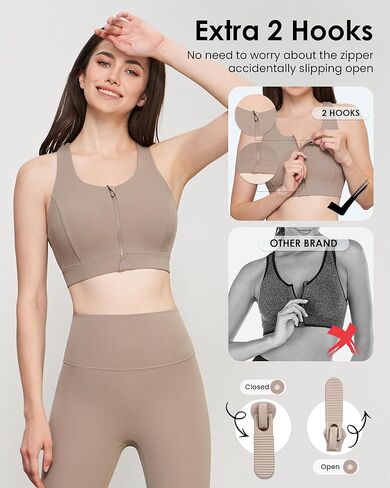 Zip Front Sports Bra, High Impact Sports Bras for Women Strappy Back Support, Yoga Bras for Running Workout Fitness (Brown,M) in Kuwait