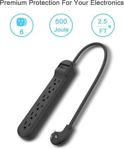 Surge Protector with 6 Outlets, 2.5-Foot Flat Plug Extension Cord Power Strip, 500 Joule, Multiple Protection Outlet Strip for Home, Office, Travel, School-Black, Pack of 2 in Kuwait