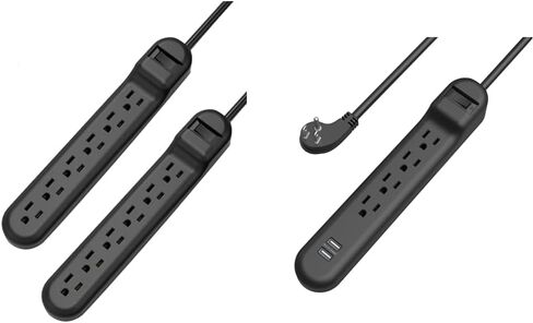 Surge Protector with 6 Outlets, 2.5-Foot Flat Plug Extension Cord Power Strip, 500 Joule, Multiple Protection Outlet Strip for Home, Office, Travel, School-Black, Pack of 2 in Kuwait