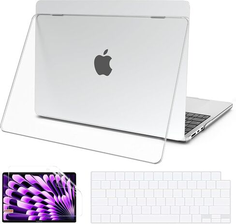 G JGOO متوافق مع حافظة MacBook Air 15 بوصة 2024 2023 إصدار M3 M2 Chip A3114 A2941 Touch ID وRetina Retina، حافظة حماية صلبة للكمبيوتر المحمول + غطاء لوحة مفاتيح + واقي شاشة، شفاف كريستالي in Kuwait