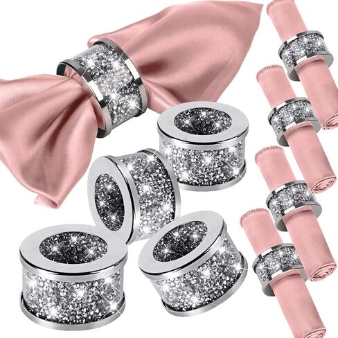 VIJIV Cloth Napkins and Silver Napkin Rings Set of 8 Washable, 17"x17" Stainless Steel Rhinestone Dinner Napkins Cocktail Personalized Wedding Napkins for Reception Party Supplies Farmhouse Pink in Kuwait
