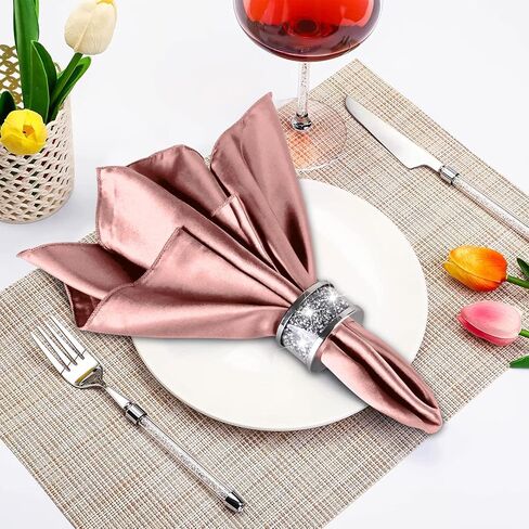 VIJIV Cloth Napkins and Silver Napkin Rings Set of 8 Washable, 17"x17" Stainless Steel Rhinestone Dinner Napkins Cocktail Personalized Wedding Napkins for Reception Party Supplies Farmhouse Pink in Kuwait