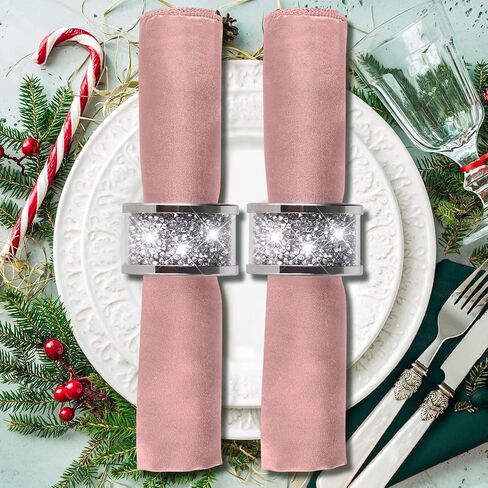 VIJIV Cloth Napkins and Silver Napkin Rings Set of 8 Washable, 17"x17" Stainless Steel Rhinestone Dinner Napkins Cocktail Personalized Wedding Napkins for Reception Party Supplies Farmhouse Pink in Kuwait