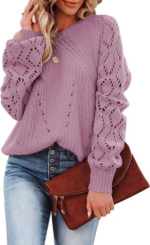 SHEWIN Women's Casual Long Sleeve Crewneck Crochet Sweater Lightweight Knit Pullover Sweaters Tops in Saudi Arabia