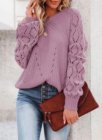 SHEWIN Women's Casual Long Sleeve Crewneck Crochet Sweater Lightweight Knit Pullover Sweaters Tops in Saudi Arabia
