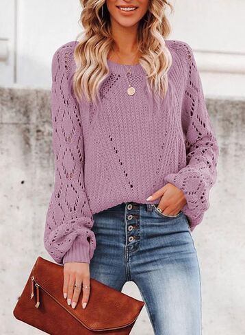 SHEWIN Women's Casual Long Sleeve Crewneck Crochet Sweater Lightweight Knit Pullover Sweaters Tops in Saudi Arabia