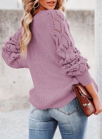 SHEWIN Women's Casual Long Sleeve Crewneck Crochet Sweater Lightweight Knit Pullover Sweaters Tops in Saudi Arabia
