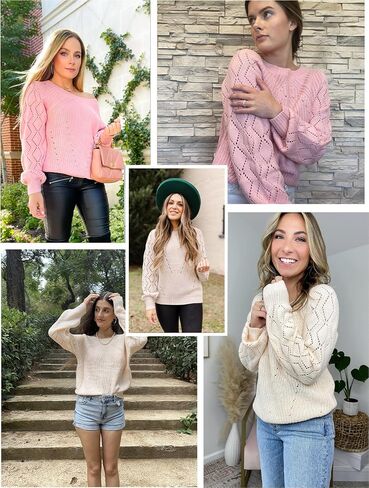 SHEWIN Women's Casual Long Sleeve Crewneck Crochet Sweater Lightweight Knit Pullover Sweaters Tops in Saudi Arabia