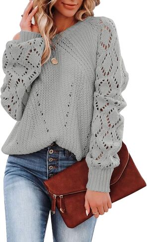 SHEWIN Women's Casual Long Sleeve Crewneck Crochet Sweater Lightweight Knit Pullover Sweaters Tops in Saudi Arabia