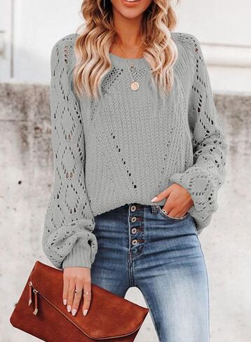 SHEWIN Women's Casual Long Sleeve Crewneck Crochet Sweater Lightweight Knit Pullover Sweaters Tops in Saudi Arabia