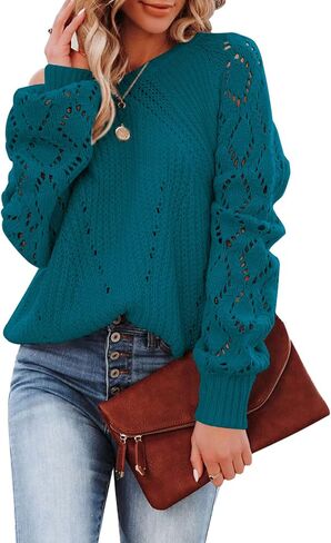 SHEWIN Women's Casual Long Sleeve Crewneck Crochet Sweater Lightweight Knit Pullover Sweaters Tops in Saudi Arabia
