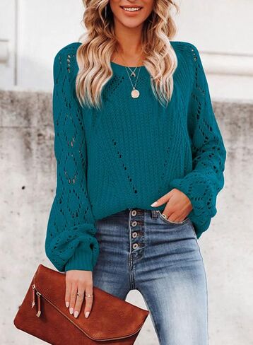 SHEWIN Women's Casual Long Sleeve Crewneck Crochet Sweater Lightweight Knit Pullover Sweaters Tops in Saudi Arabia