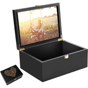 Larger Wooden Memory Keepsake Boxes With Hinged Lids and a photo frame inside the lid - Decorative Storage Box With a Hinge Lids For Picture Letter Time Capsule - 5.3“*8.6"*11.7“ Black