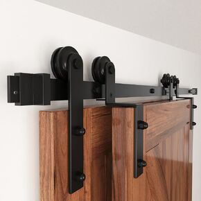 WINSOON 5FT Single Track Bypass Sliding Barn Door Hardware Kit for Double Doors, Low Ceiling, Easy Mount, Heavy Duty, Slide Quietly and Smoothly