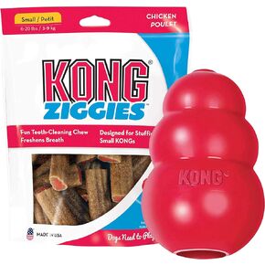 KONG Classic Toy & Ziggies Treats Combo Pack - Durable Chew Toy for Dogs - with Ziggies Chicken-Flavored Treats - Dog Accessories for Fun & Health - for Small Dogs
