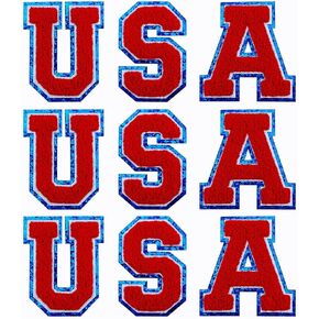 9 PCS USA Patch Patriotic Patch Chenille Patches Blue Border Glitter Letter Embroidered Iron On Patch for DIY Decorative Clothing