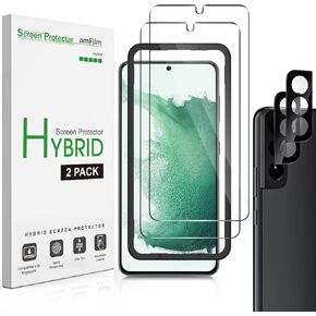 amFilm Screen Protector for Samsung Galaxy S22 5G 6.1 Inch [100% Fingerprint ID Compatible] with Tempered Glass Camera Lens Protector and Easy Installation Tray, HD Clear, Hybrid Film, 2+2 Pack