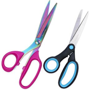 Left Handed Scissors for Adults Set of 2 Pack (9" Heavy Duty Titanium Coating Fabric Shears & 8" All Purpose Scissors) for Sewing/Crafting/Office Use, for Arts/Leather/Paper, Purple+Blue