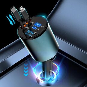 60W Multi-Port Car Fast Charger with Retractable Cable Car Cigarette Lighter Adapter, 4-in-1 Fast Charger for Smart Devices, Compatible with iPhone/Galaxy/Google/Tablet/Laptop, etc.
