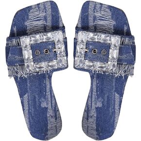 Verdusa Women's Square Toe Buckle Denim Sandals Casual Outdoor Slides