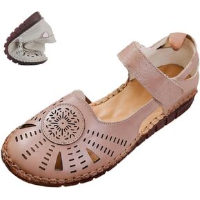 Women's Closed Toe Leather Sandals,Comfort Cutout Flower Non-slip Ox Softsole Adjustable Dress Casual Mary Jane Shoes