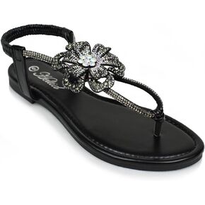 Women's Rhinestone Thong Flat Sandals T-Strap Flower Boho Wedding Dressy Sandals