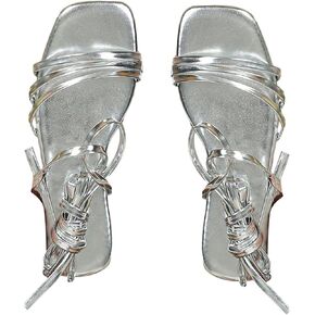 GORGLITTER Women's Metallic Lace Up Flat Sandals Criss Cross Tie Up Square Open Toe Strappy Slip On Sandals