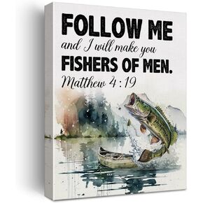 Christian Bible Verse Wall Art Canvas Painting Print Framed Matthew 4:19 Scriptures Canvas Watercolor Fish Poster Sign for Home Decor (12x15 Inch), Fishing Lover Gifts