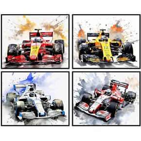 LotuStorm F1 Poster Formula 1 Racing Car Posters Unframed Set of 4 (8 x 10 Inch) Grand Prix Prints Man Cave Wall Decor Watercolor Car Posters for Boys Room Decor
