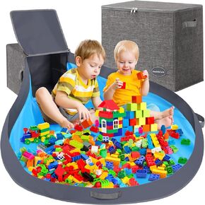2-in-1 Toy Storage Organizer & Removable Play Mat 56"x 56", Stackable Building Block Toys Organizers and Storage Bins for Kids, Playroom Storage, Living Room, Quick Clean up Toy 13" x 13" x 13"