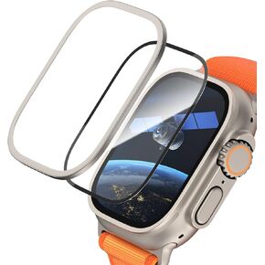 Screen Protector for Apple Watch Ultra 2 49mm, Titanium Frame Case Cover + Tempered Glass Film Full Coverage Protective Face Cover for iWatch Ultra 49 mm, Bubble-Free, Touch Sensitive