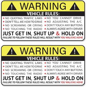GRITKULTURE Funny Passenger Rules Vehicle Safety Warning Decal Stickers 2 Pack 1.8 inch X 3.7 inch Vinyl for Car, Dash, Truck, Window, Tumblers, Graphic Bumper for Laugh