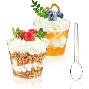TOFLEN 100 Pack 5 oz Mini Dessert Cups with Spoons, Round Cake Cups Party Serving Cups for Parfait, Appetizers, Cocktails, Dessert Shooters & Dessert Shot Glasses
