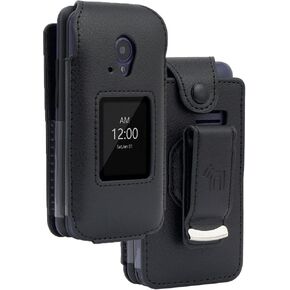 Case for NUU F4L 4G LTE Flip Phone, Nakedcellphone [Black Vegan Leather] Form-Fit Cover with [Built-in Screen Protection] and [Metal Belt Clip] - Also Fits Blu Tank Flip and Aspera F42