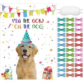 38 Pcs Pin The Bow on The Puppy Dog Party Games Give a Bow Pin Dog Poster with Blindfolds and Stickers for Puppy Themed Birthday Party Supplies Decorations