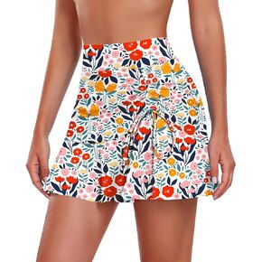 WOWENY Womens High Waisted Swim Skirts with Built-in Shorts Ruffle Adjustable Drawstring Bathing Suit Botttom Swim Skort