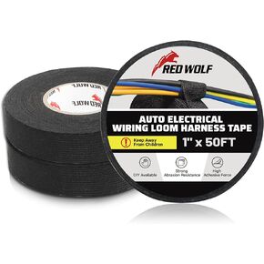 RED WOLF Electric Wiring Harness Cloth Tape 1 Inch x 50 FT 3 Rolls Wire Loom Harness Flexibility High Abrasion Resistance Adhesive for Automobile Electrical Engine Noise Dampening Insulation, Black