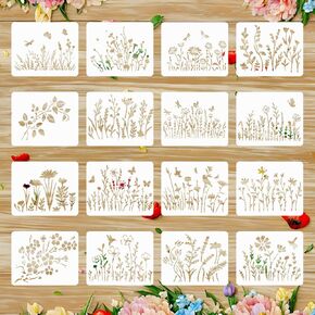 16pcs Botanical Flower Stencils Reusable for Crafts Small Wildflower Floral Paint Stencil for Painting on Wood Card Making, Art Stencils for Furniture Walls