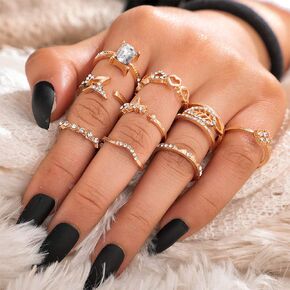 9 Pcs Bohemian Stackable Joint Knuckle Ring Set Heart Star Leaf Crystal Midi Ring Vintage Finger Rings for Women and Girls