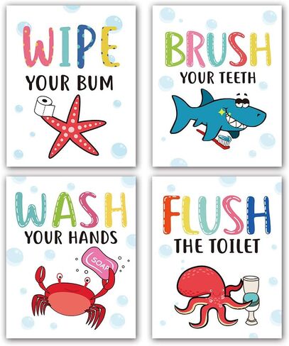 مضحك الكرتون الملونة الحياة البحرية تحت عنوان الحمام اقتباسات ملهمة الفن طباعة اقتباسات روح الدعابة اللوحة، قواعد المرحاض صورة فنية للأطفال الحمام ديكور الحمام، مجموعة من 4 (8 "X10")، بدون إطار in Kuwait