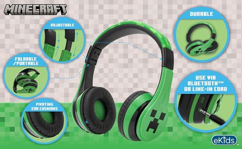سماعات رأس eKids Minecraft Kids Bluetooth، سماعات رأس لاسلكية مع ميكروفون تتضمن سلك Aux، سماعات رأس قابلة للطي للأطفال منخفضة الحجم للمدرسة أو المنزل أو السفر in Saudi Arabia