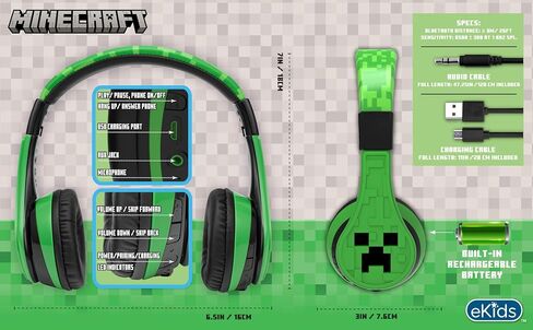 سماعات رأس eKids Minecraft Kids Bluetooth، سماعات رأس لاسلكية مع ميكروفون تتضمن سلك Aux، سماعات رأس قابلة للطي للأطفال منخفضة الحجم للمدرسة أو المنزل أو السفر in Saudi Arabia