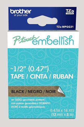 Brother P-Touch Embellish Black Print on Gold Geometric Pattern Tape TZEMPGG31 – ~ ½" Wide x 13.1’ Long for use with P-Touch Embellish Ribbon & Tape Printer in Saudi Arabia