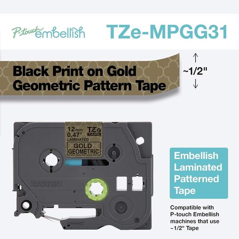 Brother P-Touch Embellish Black Print on Gold Geometric Pattern Tape TZEMPGG31 – ~ ½" Wide x 13.1’ Long for use with P-Touch Embellish Ribbon & Tape Printer in Saudi Arabia