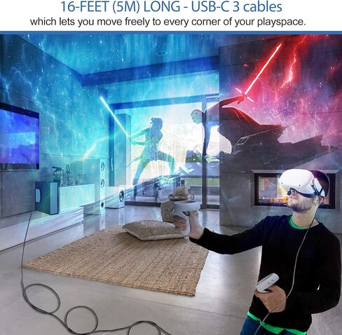 متوافق مع كابل توصيل Oculus Quest 2 بطول 16FT USB 3.0 من النوع A إلى C، سلك شحن طويل مضفر من النايلون من Kuject، سلك شحن تمديد بيانات الطاقة باللون الرمادي، ملحقات ألعاب الواقع الافتراضي لـ Oculus Quest in Kuwait