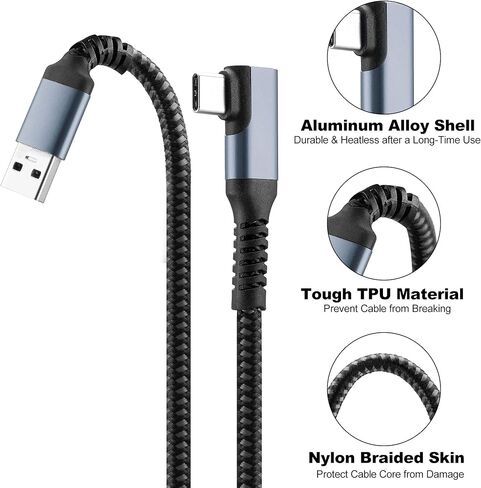 متوافق مع كابل توصيل Oculus Quest 2 بطول 16FT USB 3.0 من النوع A إلى C، سلك شحن طويل مضفر من النايلون من Kuject، سلك شحن تمديد بيانات الطاقة باللون الرمادي، ملحقات ألعاب الواقع الافتراضي لـ Oculus Quest in Kuwait