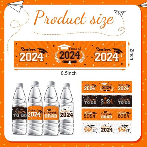 Outus Graduation Decorations Water Bottle Labels 2024 Congrats Grad Stickers Class of Party Supplies for High School College Nursing Doctorate Graduation Celebration(72 Pcs, Orange White Black) in Saudi Arabia