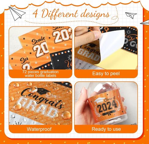 Outus Graduation Decorations Water Bottle Labels 2024 Congrats Grad Stickers Class of Party Supplies for High School College Nursing Doctorate Graduation Celebration(72 Pcs, Orange White Black) in Saudi Arabia
