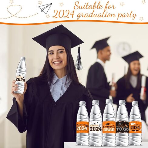 Outus Graduation Decorations Water Bottle Labels 2024 Congrats Grad Stickers Class of Party Supplies for High School College Nursing Doctorate Graduation Celebration(72 Pcs, Orange White Black) in Saudi Arabia